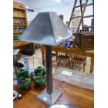 A PAIR OF CONTEMPORARY BURNISHED STEEL TABLE LAMPS WITH CONFORMING SHADES. H.70cms. (2)