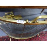 A LATE VICTORIAN/ EDWARDIAN BRASS AND MESH FIRESCREEN, A SET OF VICTORIAN BRASS FIRE IMPLEMENTS