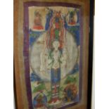 A FRAMED TIBETAN THANOKA. CENTRAL STANDING DEITY SURROUNDED BY FOUR CORNER FIGURES. IMAGE 51 x