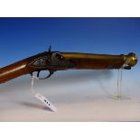 A BRASS BARRELED BLUNDERBUSS, THREE STAGE BARREL WITH RING TURNED MUZZLE, STEPPED LOCK CONVERTED