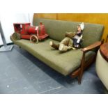 A MID CENTURY RETRO TEAK FRAMED LOUNGE SOFA WITH ADJUSTABLE BACK REST FITTED WITH STORAGE