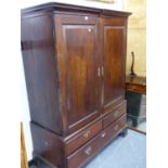 A GEO.III.MAHOGANY LINEN PRESS CABINET ON BRACKET FEET. W.132 x H.179 x D.62cms.