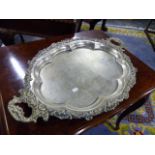 A LARGE SILVER PLATED TWO HANDLED TRAY.