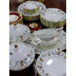 A MINTON'S CHERRY DOWN PATTERN PART DINNER SERVICE CONSISTING OF TWO TUREENS, SAUCE BOAT AND SAUCER,