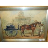 MID 19th.C.ANGLO COLONIAL SCHOOL. HORSE AND CARRIAGE WITH ATTENDANT. WATERCOLOUR. 33 x 48cms.