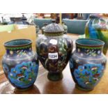 A PAIR OF JAPANESE CLOISONNE VASES AND ANOTHER OF LOBED OVOID SHAPE WITH COVER, THE BLACK GROUND