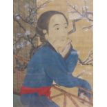 CHINESE SCHOOL. A PORTRAIT OF A LADY ON A TERRACE, INSCRIBED WITH CHARACTERS AND SEAL, WATERCOLOUR