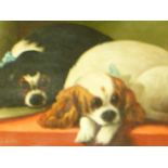 AFTER LANDSEER. TWO SPANIELS BESIDE A FEATHERED HAT, OIL ON CANVAS, FRAMED. 50 x 60cms.