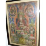 A FRAMED TIBETAL THANOKA. CENTRAL SEATED DEITY SURROUNDED BY FOUR FIGURES. IMAGE 54 x 36cms.