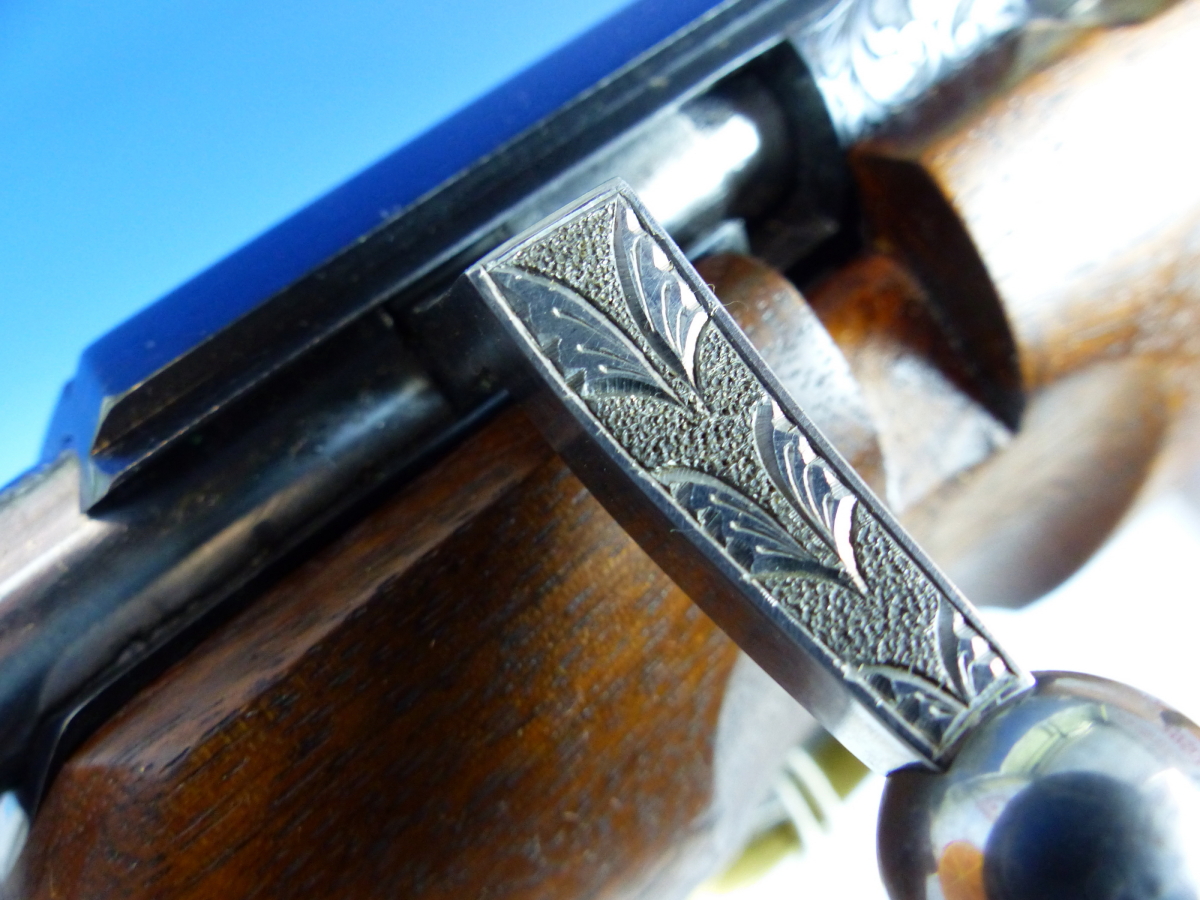 A RARE HAND MADE ISP SPARTAN AIR RIFLE No.10 WITH LEATHER STRAP. AMERICAN WALNUT STOCK ENGRAVED - Image 7 of 17