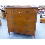 AN EDWARDIAN MAHOGANY AND INLAID CHEST OF FOUR LONG DRAWERS. W.106 x H.108 x D.43cms.