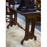 A VICTORIAN GOTHIC REVIVAL OAK WRITING TABLE ON TUNED COLUMN AND PIERCED END SUPPORTS. THE TOP 106 x