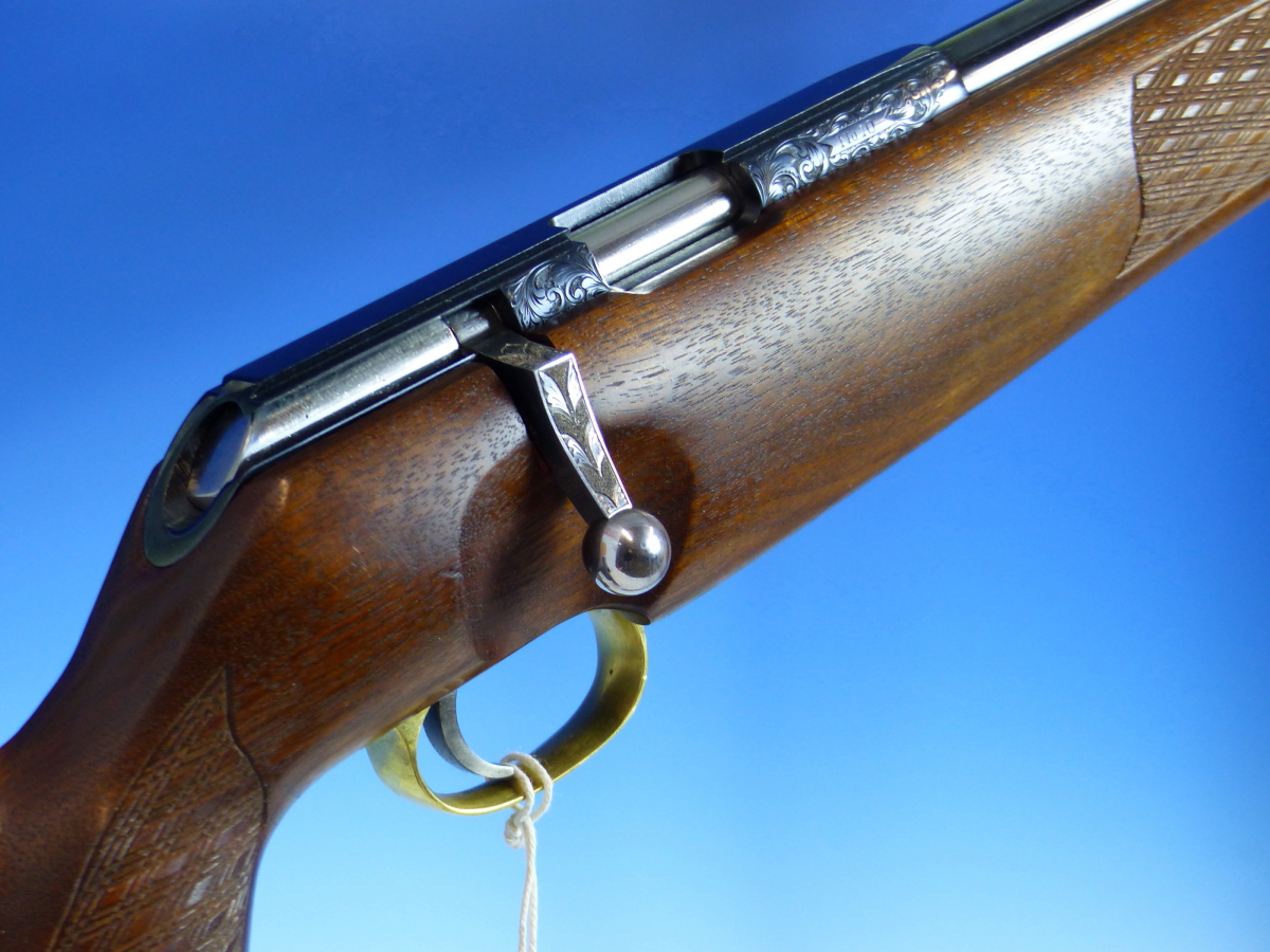 A RARE HAND MADE ISP SPARTAN AIR RIFLE No.10 WITH LEATHER STRAP. AMERICAN WALNUT STOCK ENGRAVED