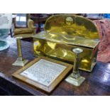 A 19th.C.BRASS SPILL BOX, A SMALL FRAMED SAMPLER AND A PAIR OF CANDLESTICKS.