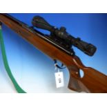 BSA AIR RIFLE 0.22 SERIAL No.RH04949 WITH THUMBHOLE WALNUT STOCK, TELESCOPIC SIGHT AND LEATHER