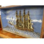 A 19th.C.SCRATCH BUILT DIORAMA OF A FOUR MASTED SAILING SHIP. W.75cms.