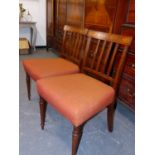 A SET OF SIX INLAID MAHOGANY REGENCY DINING CHAIRS WITH SLENDER TURNED FRONT LEGS.