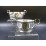 A SILVER PORRINGER DATED 1908 FOR JOHN HENRY RAWLINGS TOGETHER WITH A FURTHER WHITE METAL,