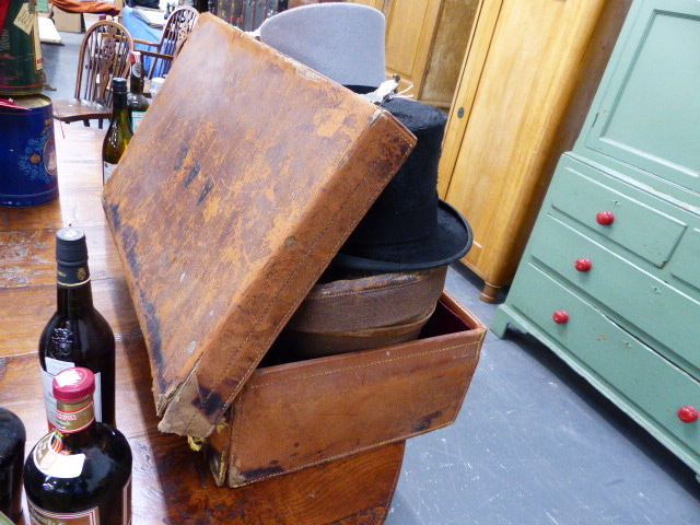 A BLACK TOP HAT BY MOSS BROS IN A CANVAS AND LEATHER HAT BOX, A GREY TOP HAT BY HERBERT JOHNSON - Image 7 of 7