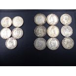 COINS. FIVE VICTORIAN SILVER DOUBLE FLORINS TOGETHER WITH NINE VICTORIAN SILVER CROWNS, VARIOUS