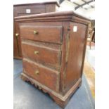 A 19th.C.MINIATURE OAK CHEST OF THREE DRAWERS ON SHAPED BRACKET FEET. H.34cms.