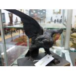 A BRONZE MODEL OF A HAWK WITH SPREAD WINGS AND HEAD TURNED BACK, LATER MOUNTED ON WOOD BASE. H.23.