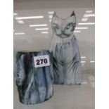 TWO CARN POTTERY CAT DECORATED VASES.
