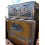 AN EASTERN CARVED HARDWOOD FALL FRONT BUREAU AND A SIMILAR BLANKET BOX.