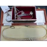 A CONTINENTAL WHITE METAL LADIES FOB WATCH, TOGETHER WITH A MICRO MOSAIC BROOCH, CASED PEARLS, ETC.