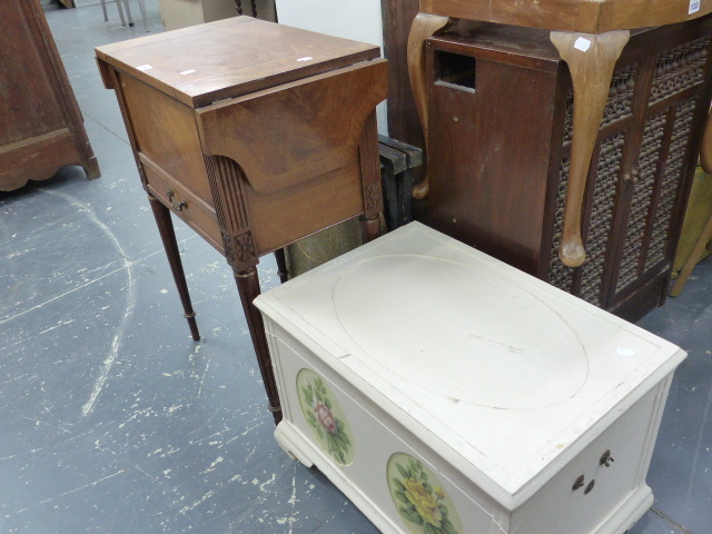 A MAHOGANY SEWING TALE AND PAINTED TOY BOX.