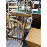 A WINDSOR ARMCHAIR AND TWO KITCHEN CHAIRS.