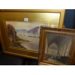 A GILT FRAMED WATERCOLUR AND A PRINT.