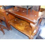 A PAIR OF WALNUT COFFEE TABLES AND TWO CHAIRS