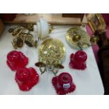 BRASS FRONTED WALL CANDLE SCONCES, LIGHT FITTINGS, GLASS SHADES ETC.