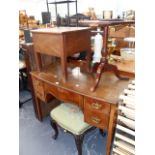A MAHOGANY DRESSING TABLE, A VICTORIAN STOOL, A BOX COMMODE AND A TRIPOD TABLE.