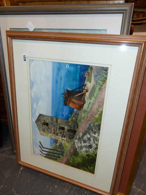 A WATERCOLOUR CORNISH TIN MINE AND TWO PRINTS.