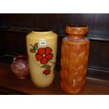TWO WEST GERMAN TALL POTTERY VASES AND ONE OTHER.