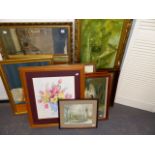 A GILT FRAMED MIRROR, VARIOUS PRINTS AND PICTURES,ETC.
