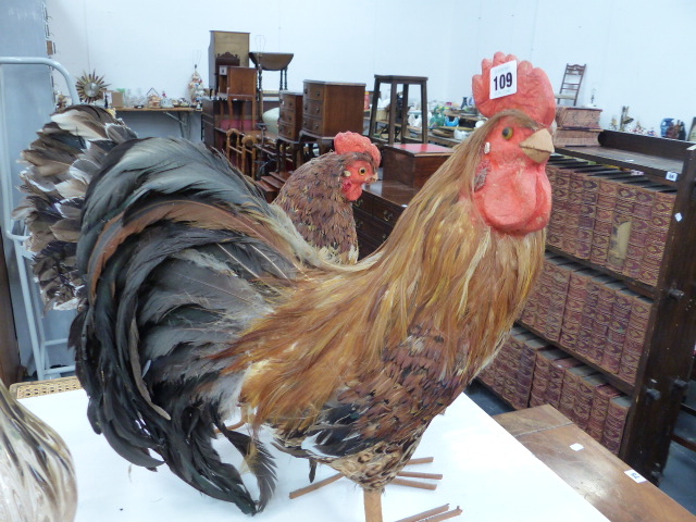 A PAIR OF ORNAMENTAL CHICKENS.