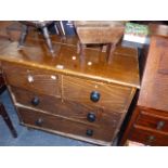 A VICTORIAN PINE CHEST OF DRAWERS AND TWO STOOLS.