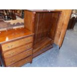 A VICTORIAN MAHOGANY BOOKCASE, A MAHOGANY FOUR DRAWER SMALL CHEST AND A CORNER CABINET.