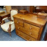 A SATINBIRCH DRESSING CHEST AND A VICTORIAN ARMCHAIR.