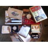 A SOLID SILVER DOUBLE WATCH ALBERT AND FOB, A 800 STAMPED LADIES FOB WATCH, CIGARETTE CASES,
