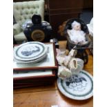 AN ART DECO STYLE MANTLE CLOCK, VARIOUS BANBURY RELATED PRINTS AND WALL PLATES, TWO DOLLS,ETC.