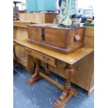 A HARDWOOD SIDE TABLE, A PINE TRUNK AND A DECOUPAGE JUG.