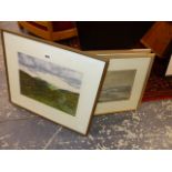 A WATERCOLOUR MOORLAND SCENE AND TWO ENGRAVINGS.