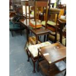 A MAHOGANY FRAMED DRESSING STOOL, A MAHOGANY SIDE TABLE, A PAIR OF MAHOGANY END TABLES AND A