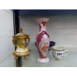 A BOHEMIAN WHITE OVERLAY GLASS VASE TOGETHER WITH A COALPORT VASE AND COVER, AN IMARI BOWL AND A