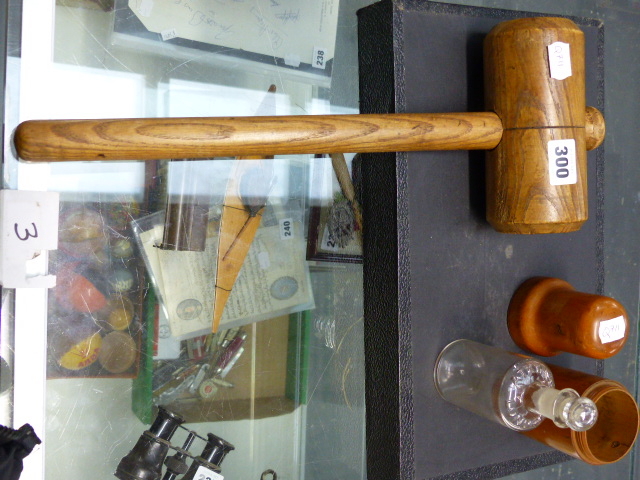 A WOODEN MALLET AND AN ATKINSON LONDON GLASS WOODEN CASED BOTTLE WITH STOPPER. - Image 2 of 15