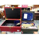 THE CONTENTS OF A VINTAGE LEATHER SEWING BOX, TOGETHER WITH A RED LEATHER BOUND TRAVELLING CASE.